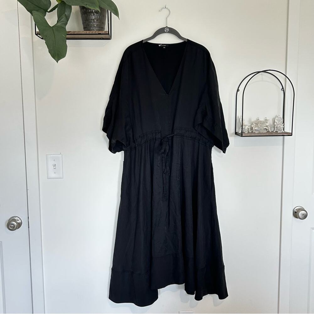 Natori Black V Neck Cinched Waist‎ Midi Dress Size XL